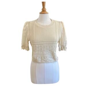 Stitch & Feather Ivory Short Sleeve Open Knit, Embroidered, Cropped Sweater, S